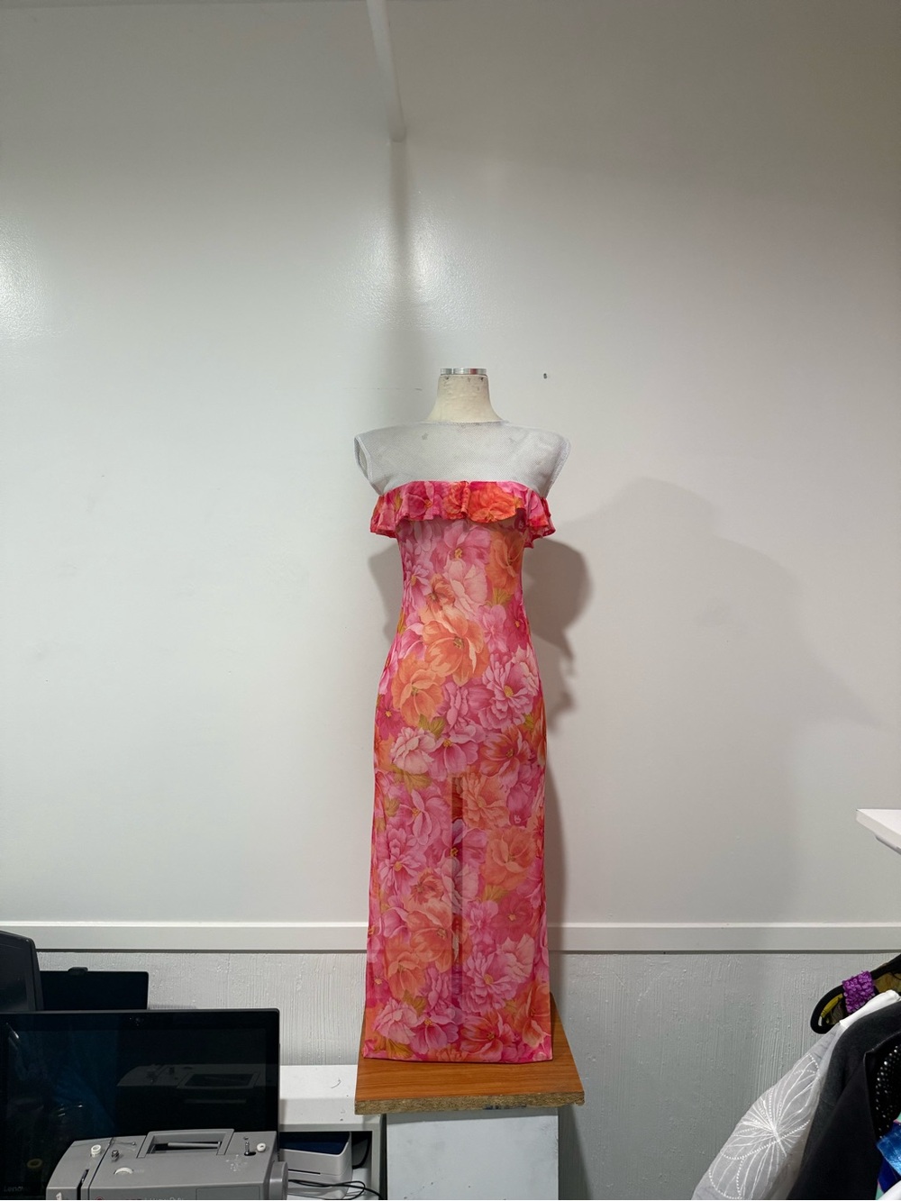 Strapless Pink Floral Ruffle Maxi Dress
